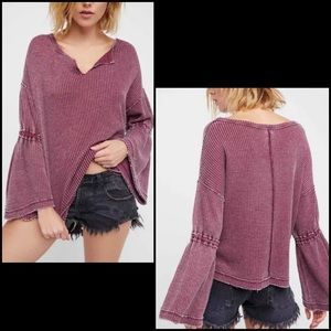 FP We The Free Cranberry Wine Dramatic Flute Bell Sleeve Waffle Knit Thermal Top